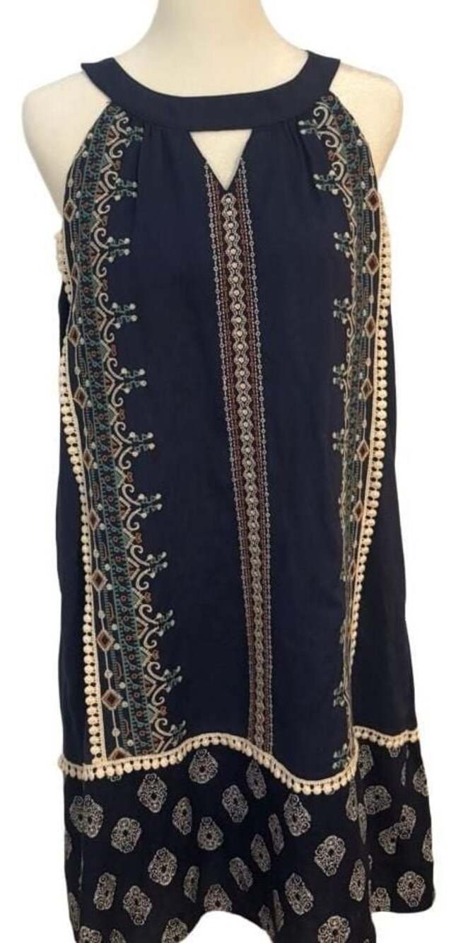 THML Women’s M Navy Blue Embroidered Boho Shift Mini Dress Keyhole Sleeveless